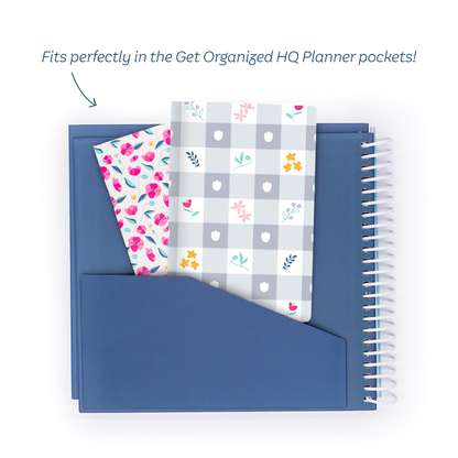 A mockup of the Gingham Floral Mini Notebook inside the GOHQ Planner insider cover pocket and text that reads 'Fits perfectly in the Get Organized HQ Planner pockets!'