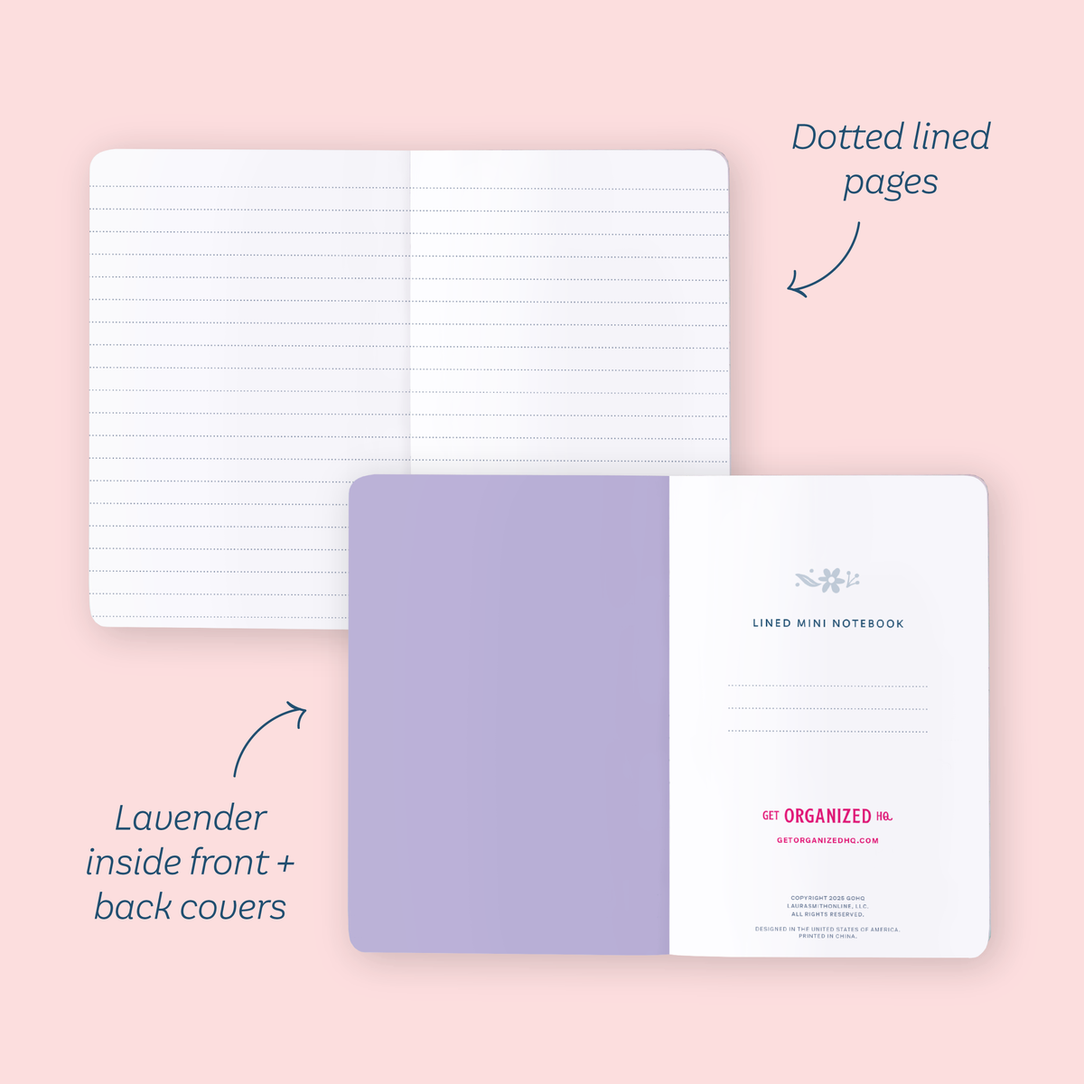 A mockup showing the dotted line pages and the lavender insider front and back covers.