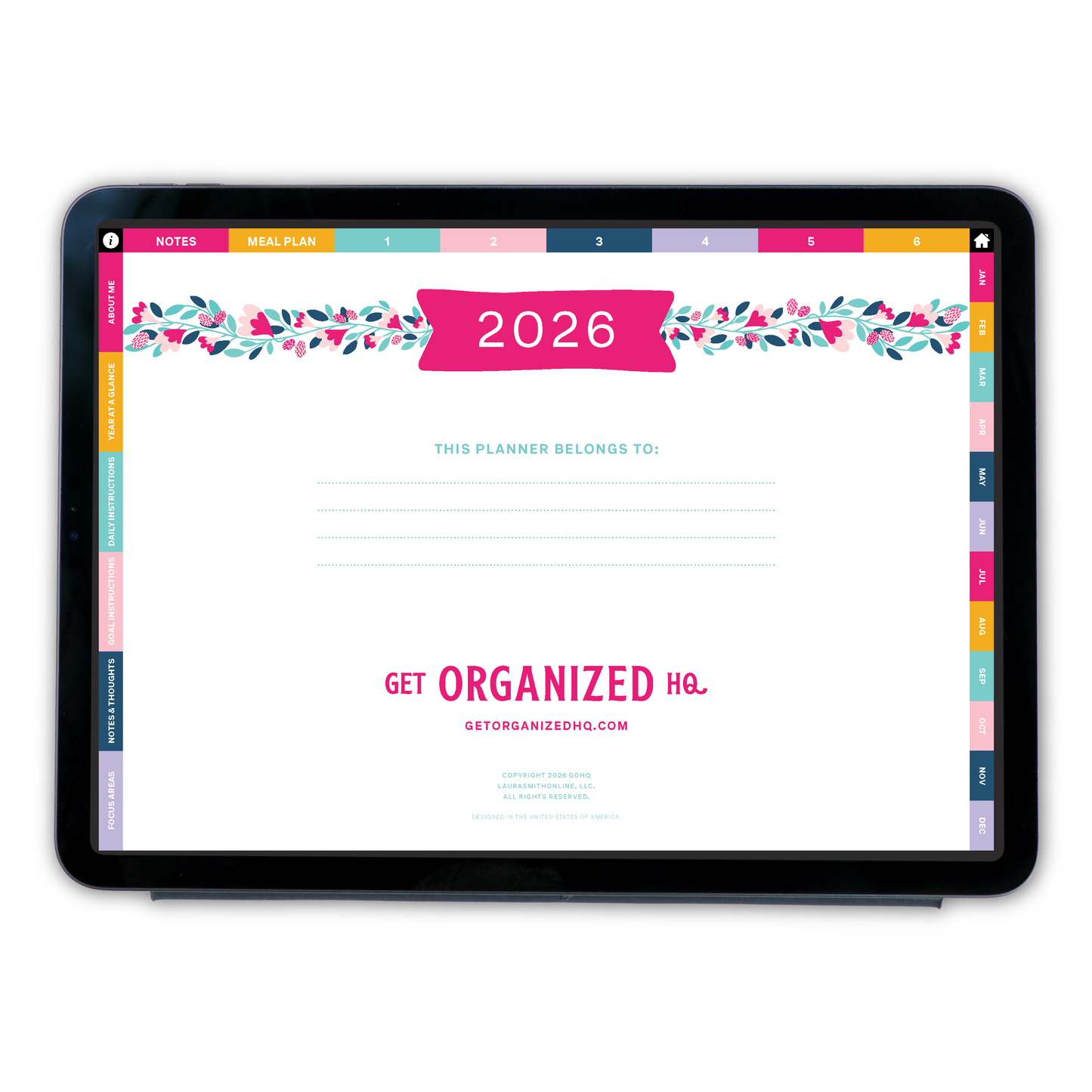 Digital planner interface with 2026 date on a tablet screen