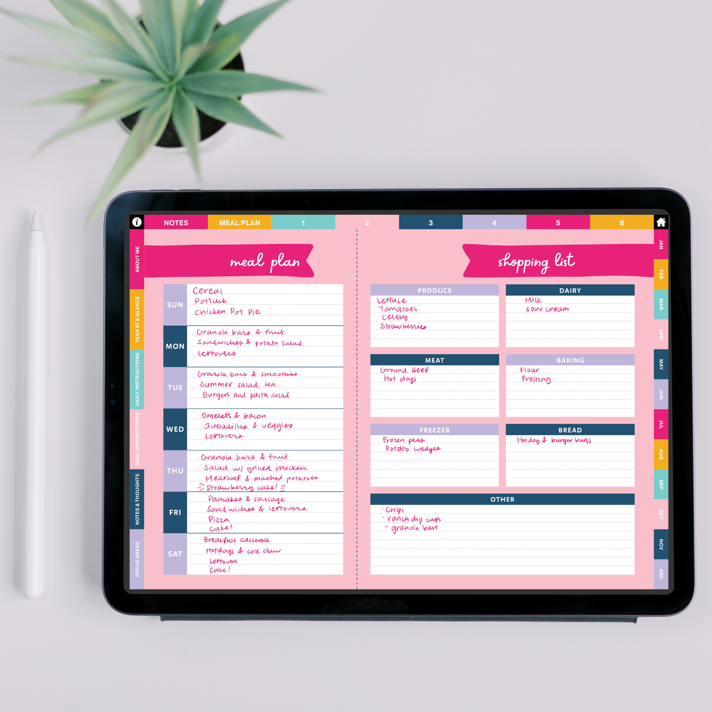 Digital planner on a tablet with meal plan and shopping list sections.