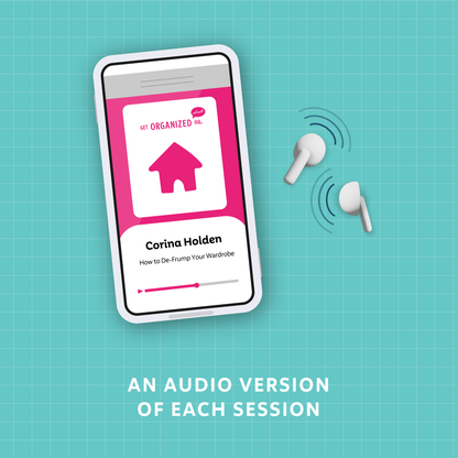 Smartphone displaying a podcast audio version of Corina Holden's session 'How to De-Frump Your Wardrobe' playing from earbuds, representing an audio version of each session.
