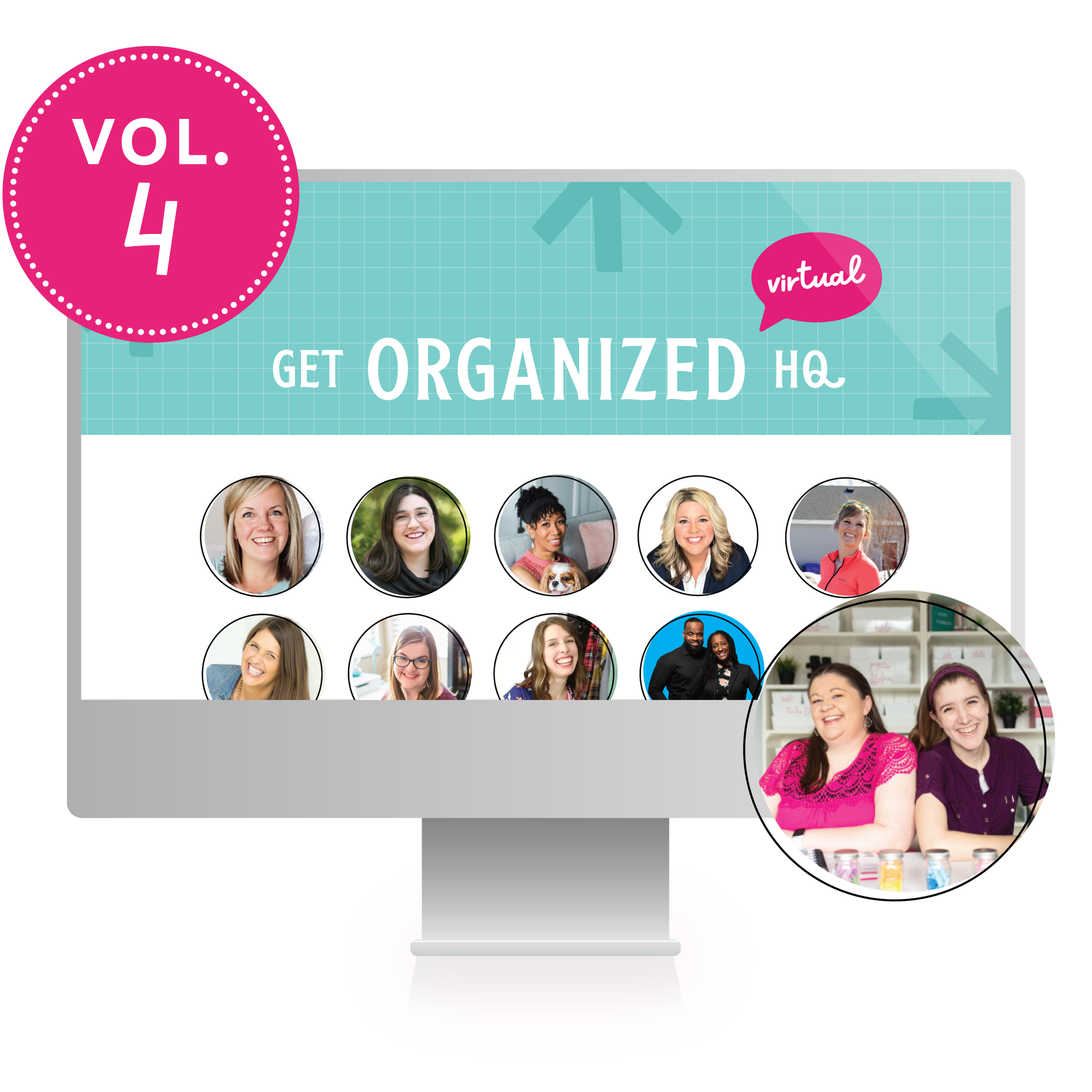 A computer mockup of Get Organized HQ Virtual Volume 2, with several speakers featured, including Abby Rike, Taylor Flanery, Laura Smith, and Tasha Whitsett
