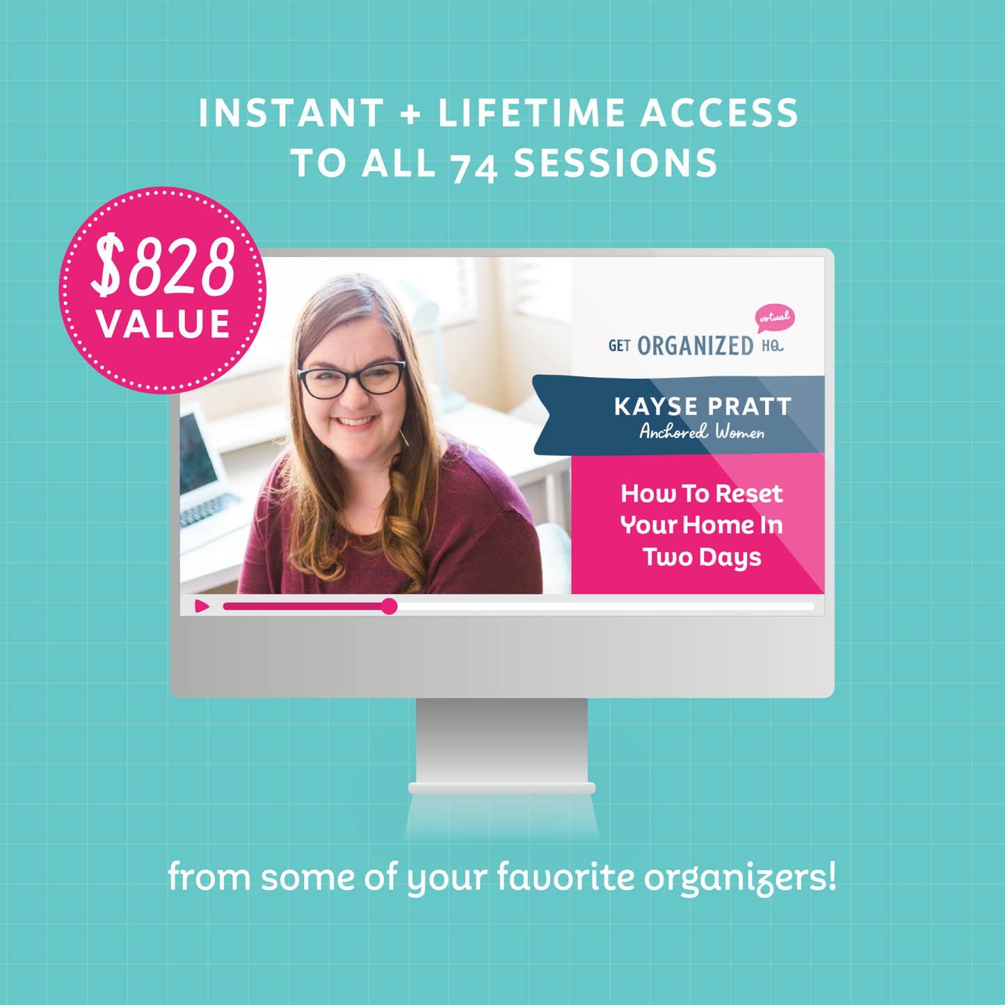 A mockup of How to Reset Your Home in Two Days (from Kayse Pratt) on a computer representing instant and lifetime access to all 74 sessions ($828 value) from some of your favorite organizers!