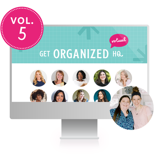 A computer mockup of Get Organized HQ Virtual Volume 5, with several speakers featured, including Nikki Boyd, Dawn Madsen, Cas Aarssen, Tasha Lorentz, and Laura Smith
