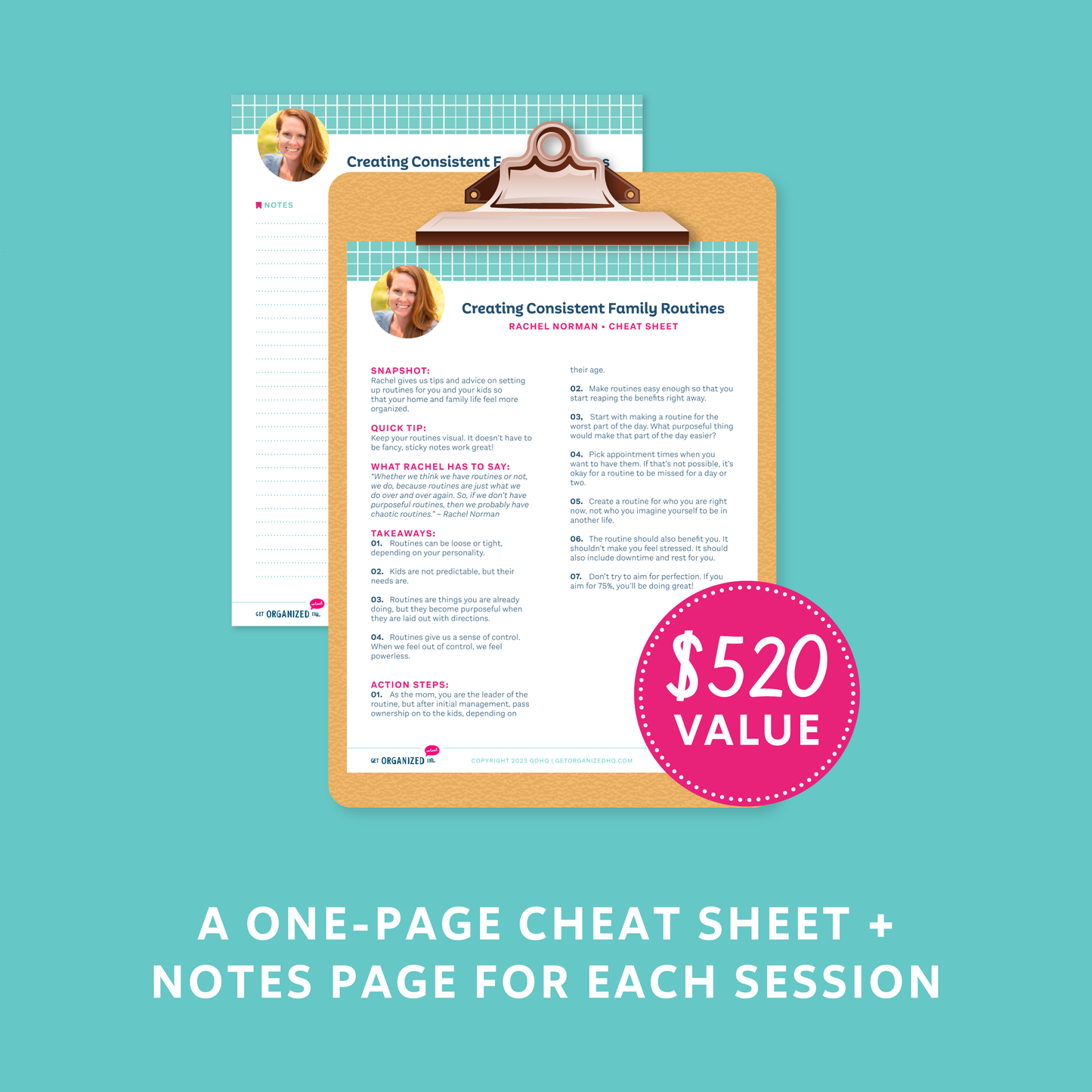 A one-page cheat sheet + notes pages for each session ($520 value)