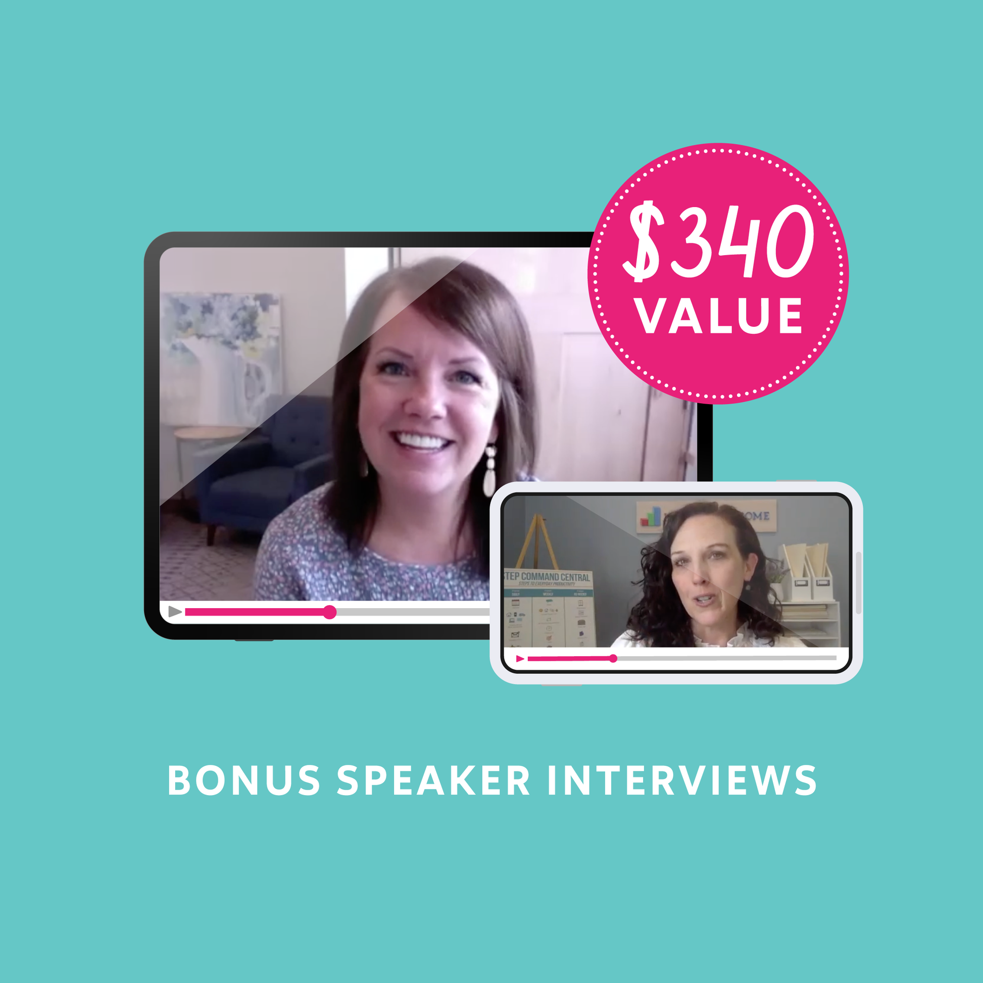 Mockups of Dawn Madsen's and April Perry's interviews, representing bonus speaker interviews, valued at $340