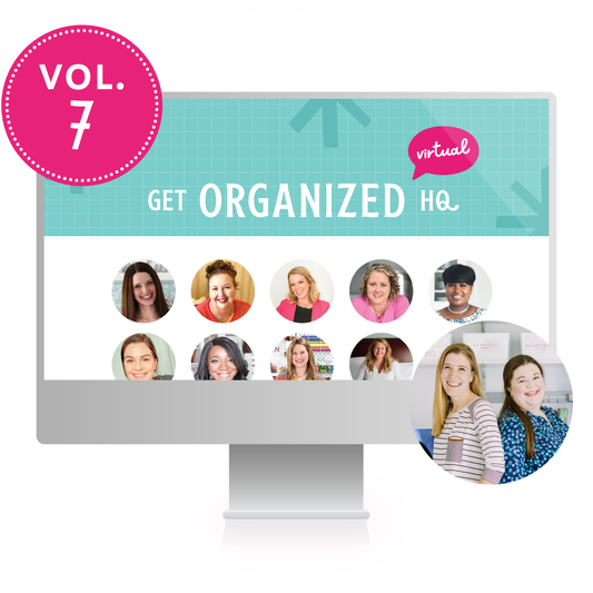 A computer mockup of Get Organized HQ Virtual Volume 7, with several speakers featured, including Jennifer Maker, Cas Aarssen, Tasha Lorentz, and Laura Smith