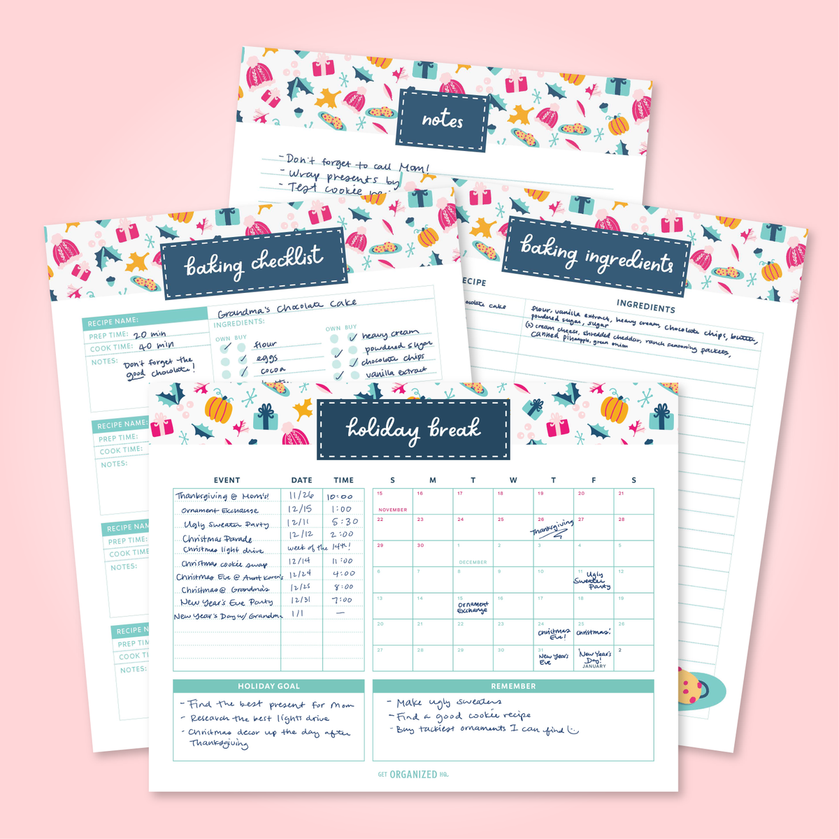 Notes page, Baking Ingredients, Baking Checklist, and Holiday Break planner.