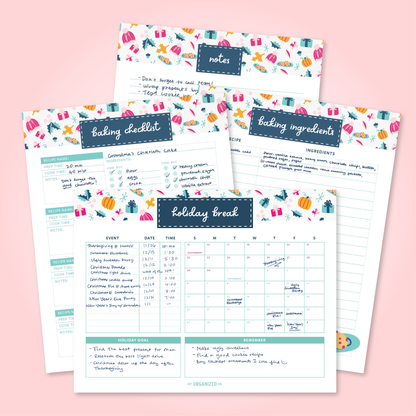 Notes page, Baking Ingredients, Baking Checklist, and Holiday Break planner.