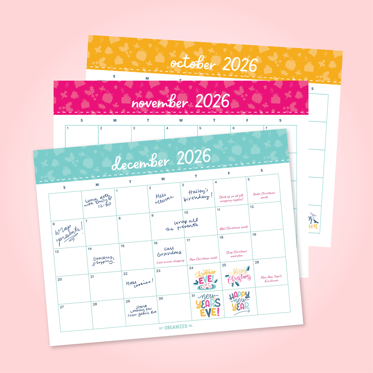 October, November, and December 2026 monthly calendars.