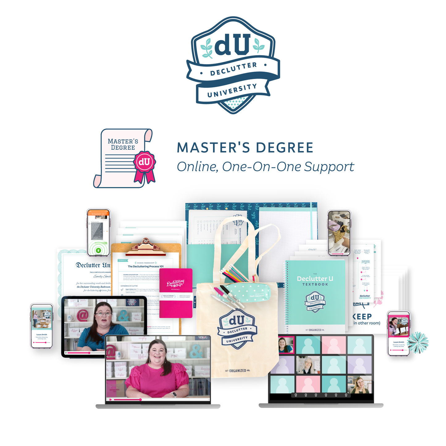 Promotional graphic for Declutter University's Master's Degree program (Online, One-On-One Support) with various elements and branding.