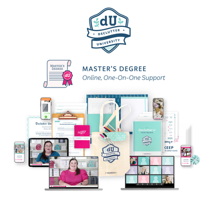 Promotional graphic for Declutter University's Master's Degree program (Online, One-On-One Support) with various elements and branding.