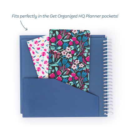 A mockup of two mini notebooks in the front pocket of a GOHQ planner cover with text: 'Fits perfectly in the get Organized HQ Planner pockets!'