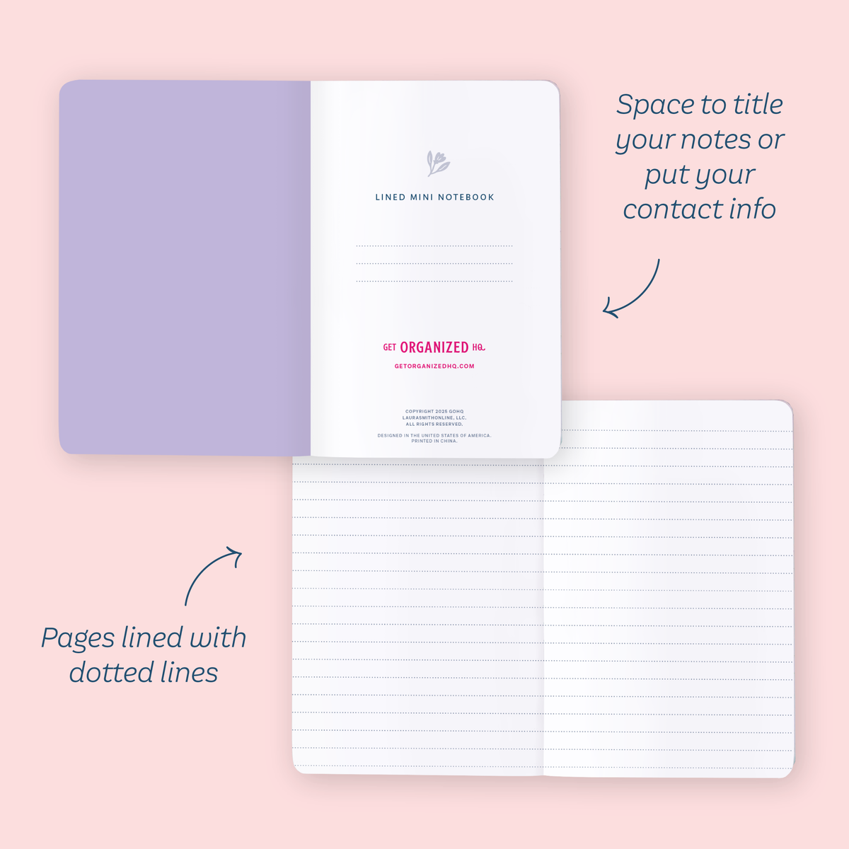 Space to title your notes or put your contact info. Pages lined with dotted lines