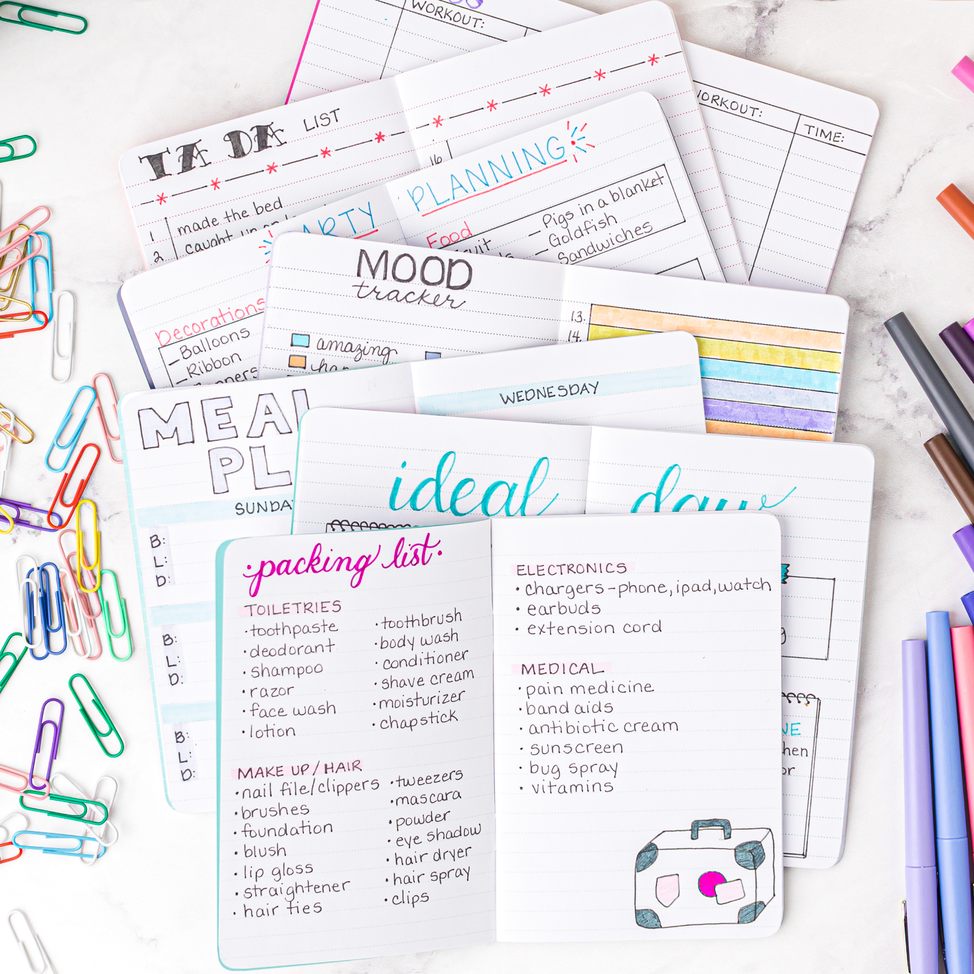 Collection of open mini notebooks with various notes and charts written in them. 