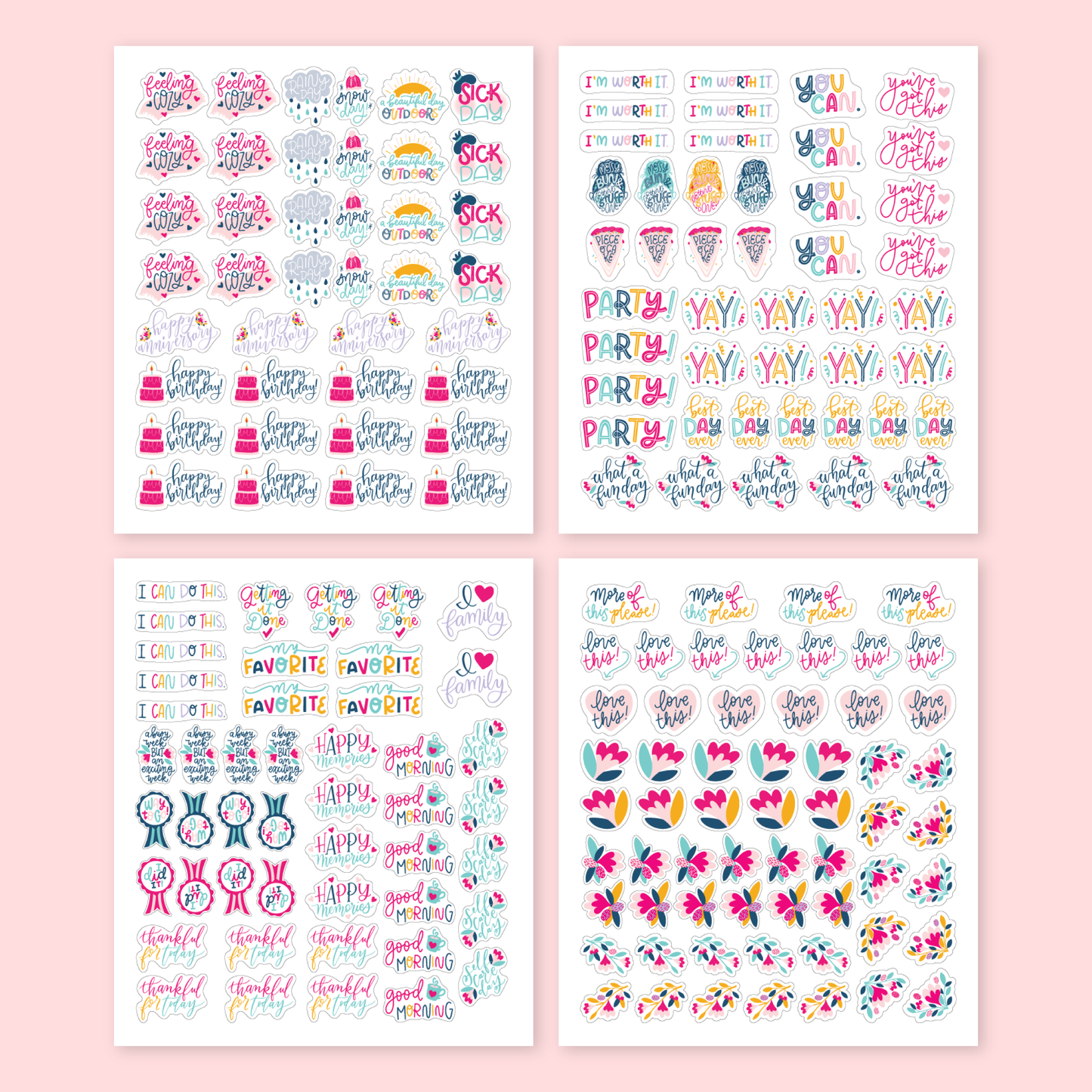 Set of colorful decorative planner stickers on a pink background