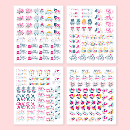 Set of colorful decorative planner stickers on a pink background