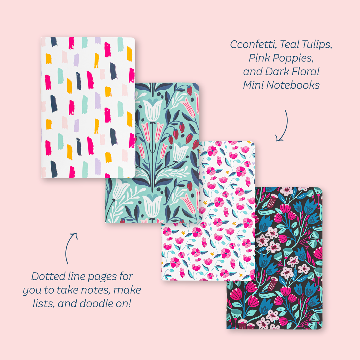 All the mini notebooks on a pink background with text: 'Dotted line pages for you to take notes, make lists, and doodle on!'