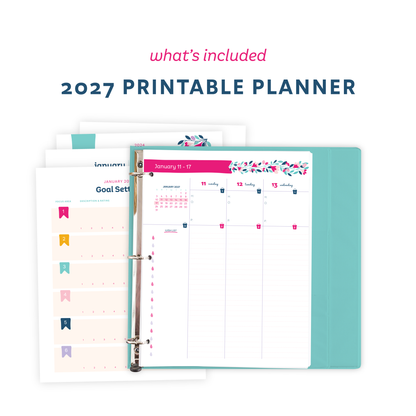 'what's included', '2027 Printable Planner', and a mockup of the printable planner in a teal binder.