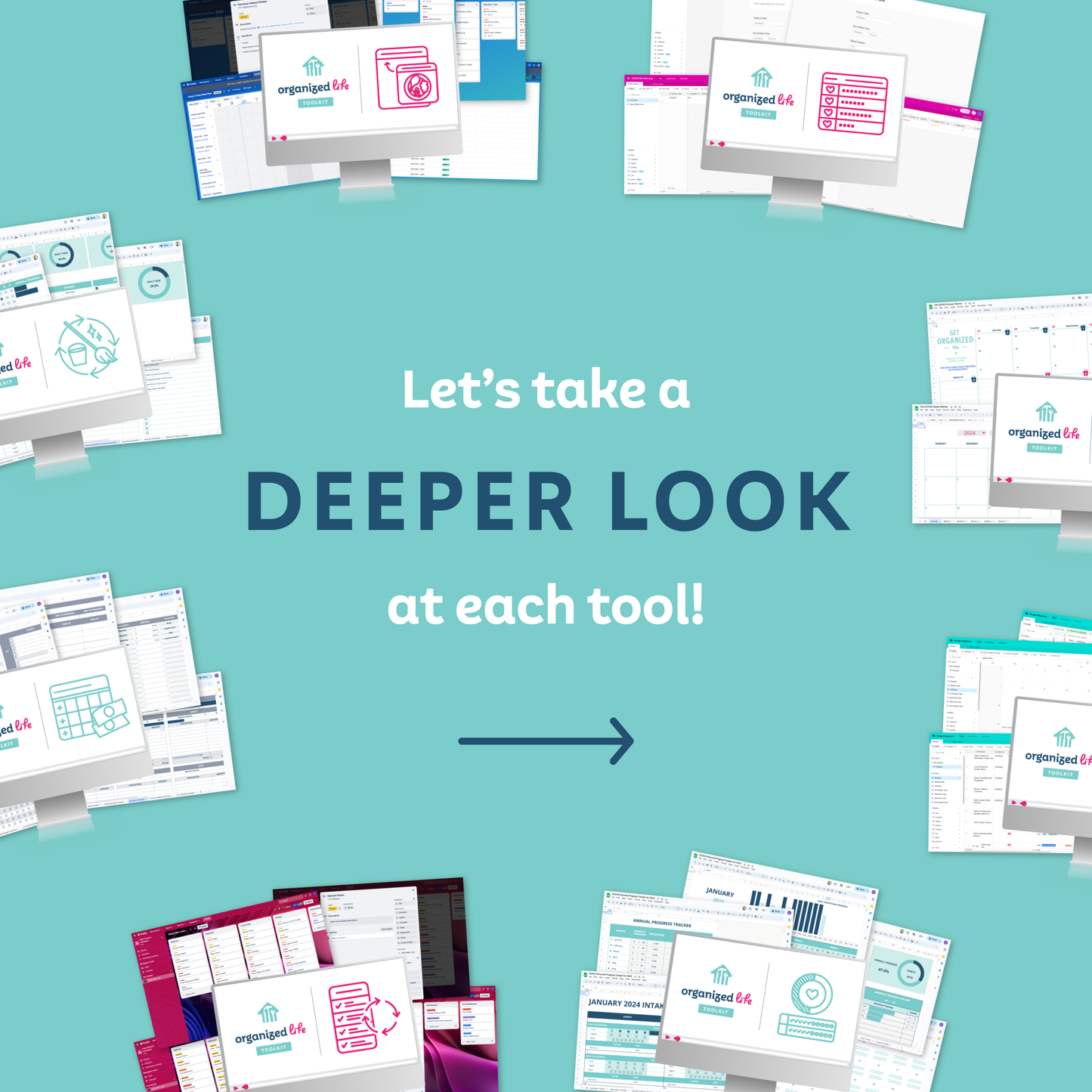 'Let's take a deeper look' text surrounded by mockups of all the tools included