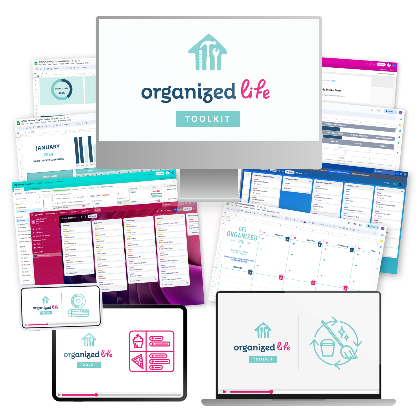 A mockup on several various devices of everything included in the Organized Life Toolkit