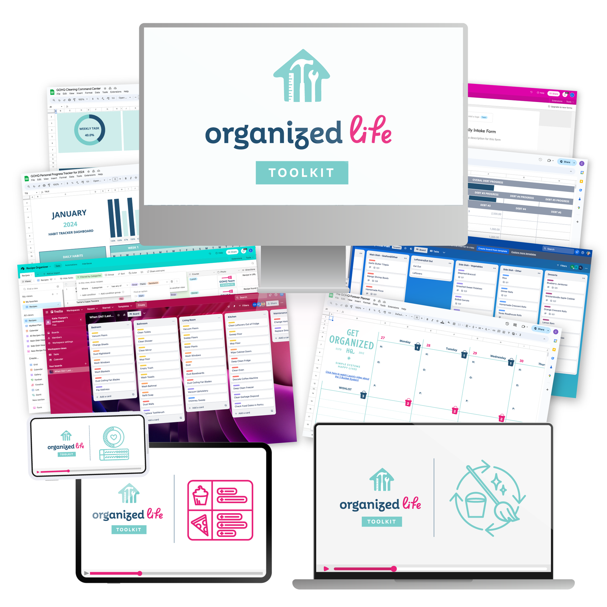A mockup on several various devices of everything included in the Organized Life Toolkit