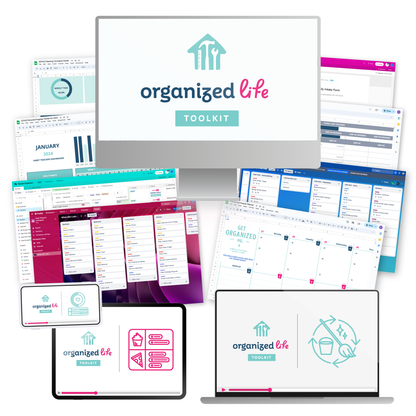 A mockup on several various devices of everything included in the Organized Life Toolkit