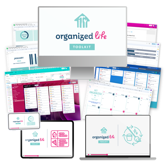 A mockup on several various devices of everything included in the Organized Life Toolkit