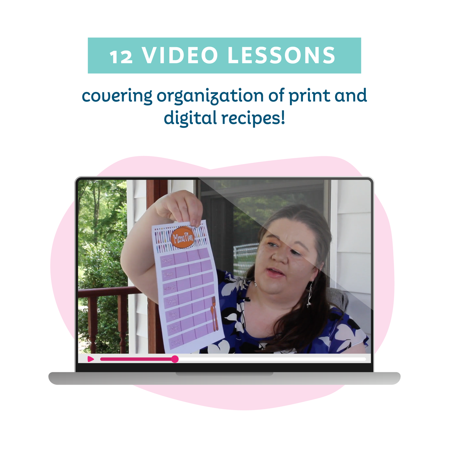 A mockup of a video of Laura discussing the Menu Plan, representing 12 video lessons covering organization of print and digital recipes