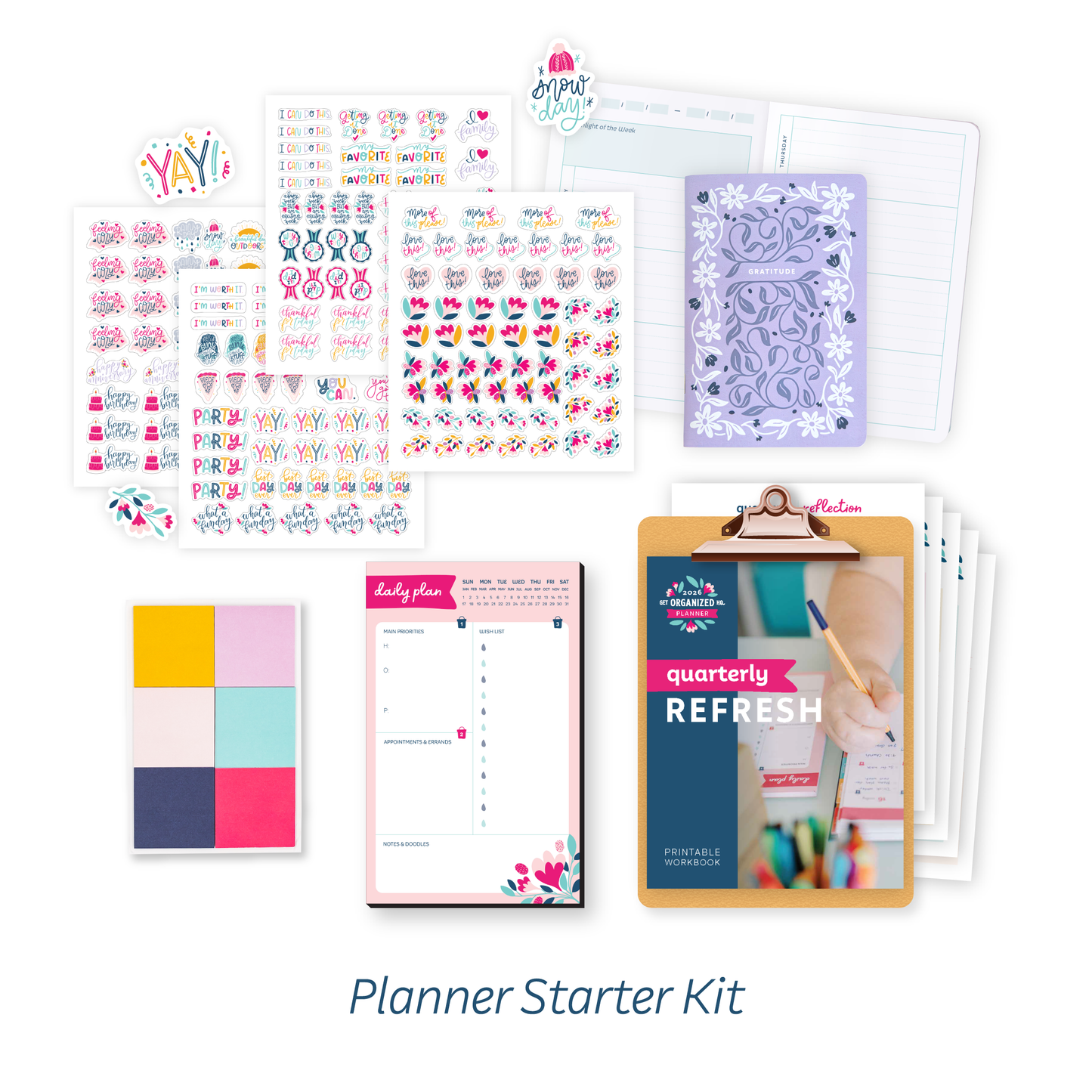 Planner Starter Kit (decorative planner stickers, gratitude mini journal, sticky notes, daily plan notepad, quarterly refresh)