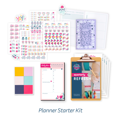Planner Starter Kit (decorative planner stickers, gratitude mini journal, sticky notes, daily plan notepad, quarterly refresh)