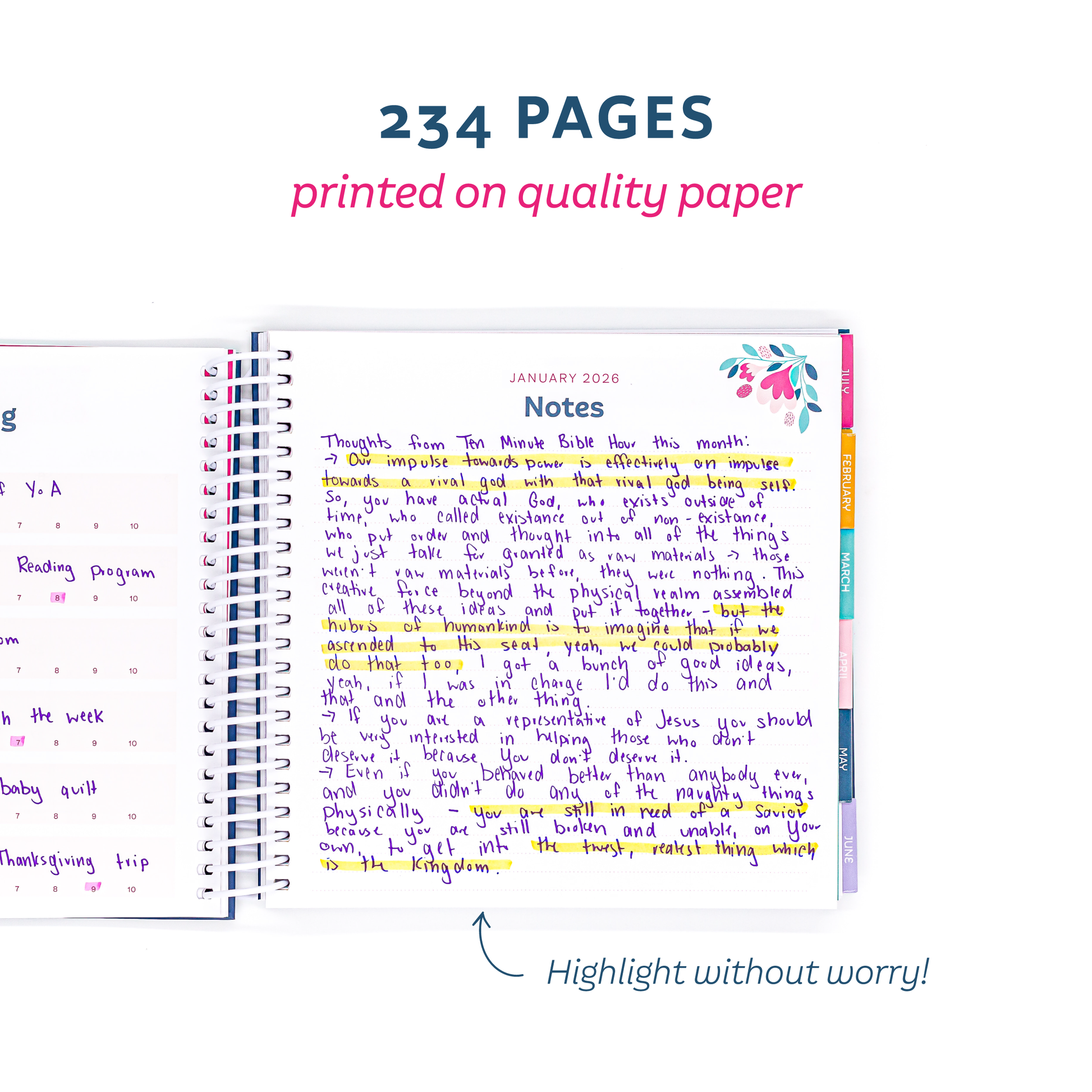 Open spiral-bound planner with colorful notes on quality paper, text indicating 234 pages.