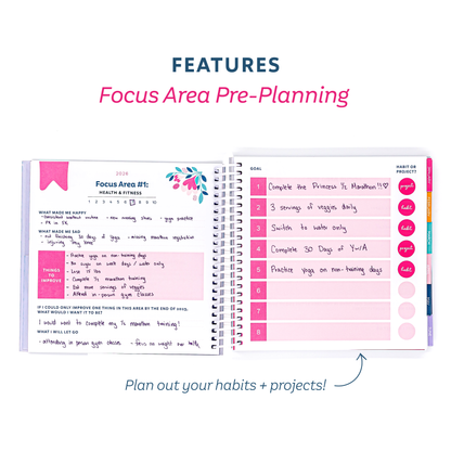 Planner with focus area pre-planning pages on a white background
