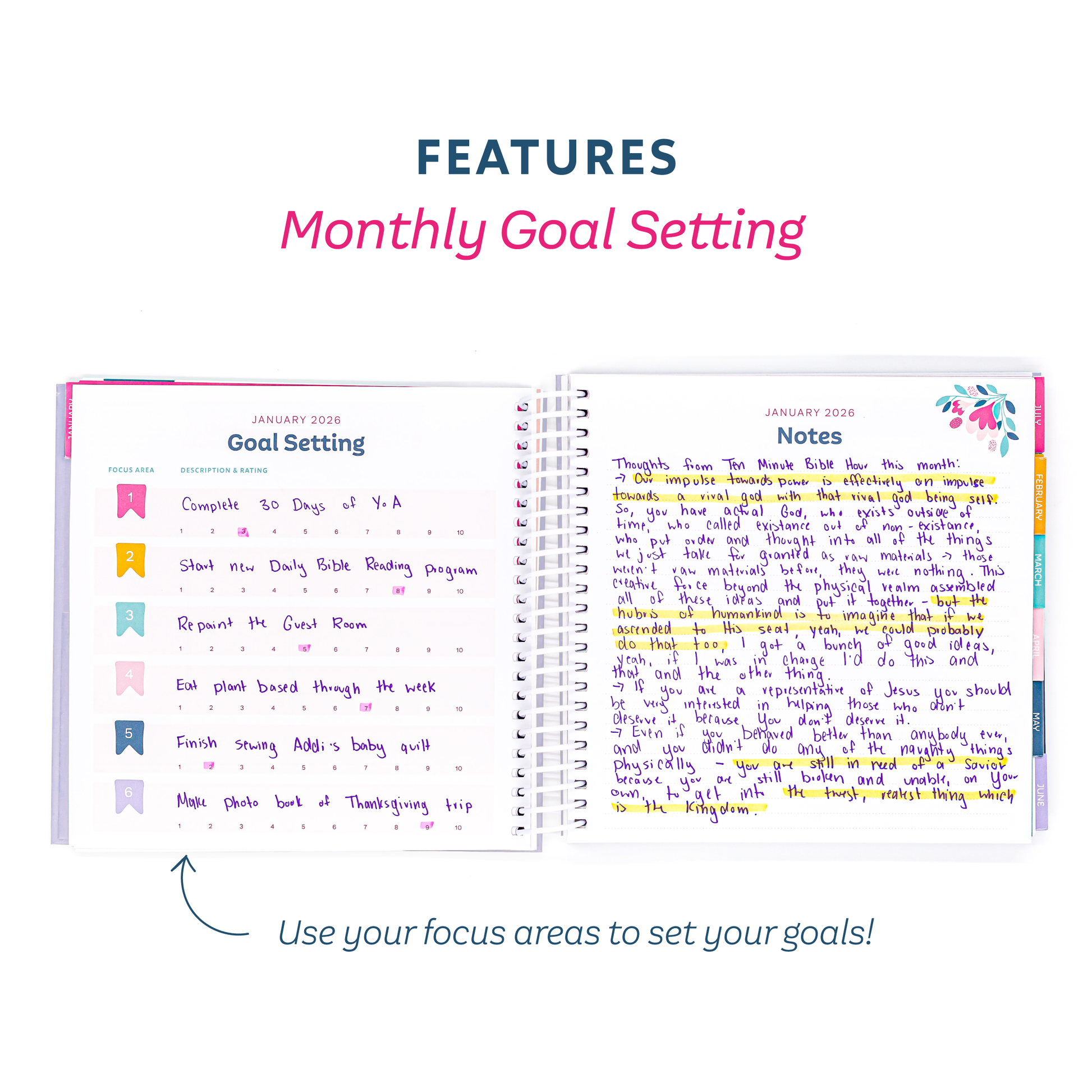 Monthly goal setting planner with colorful notes on a white background