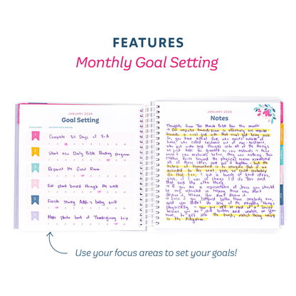Monthly goal setting planner with colorful notes on a white background