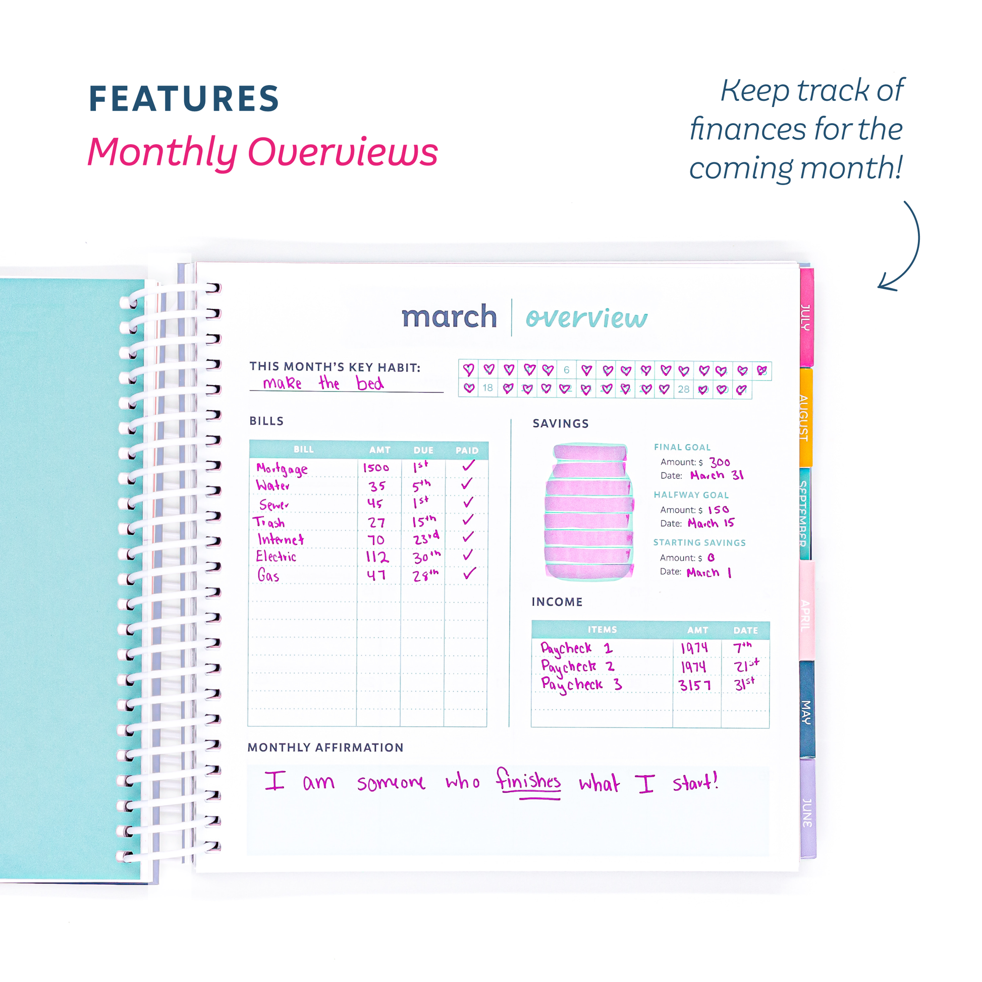 Monthly overview planner with financial tracking features on a white background