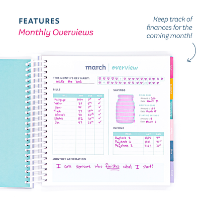 Monthly overview planner with financial tracking features on a white background