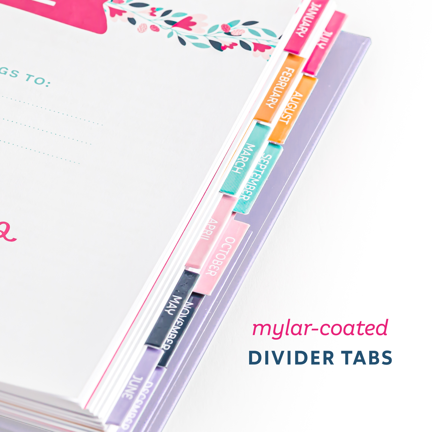 Colorful mylar-coated divider tabs on a white background