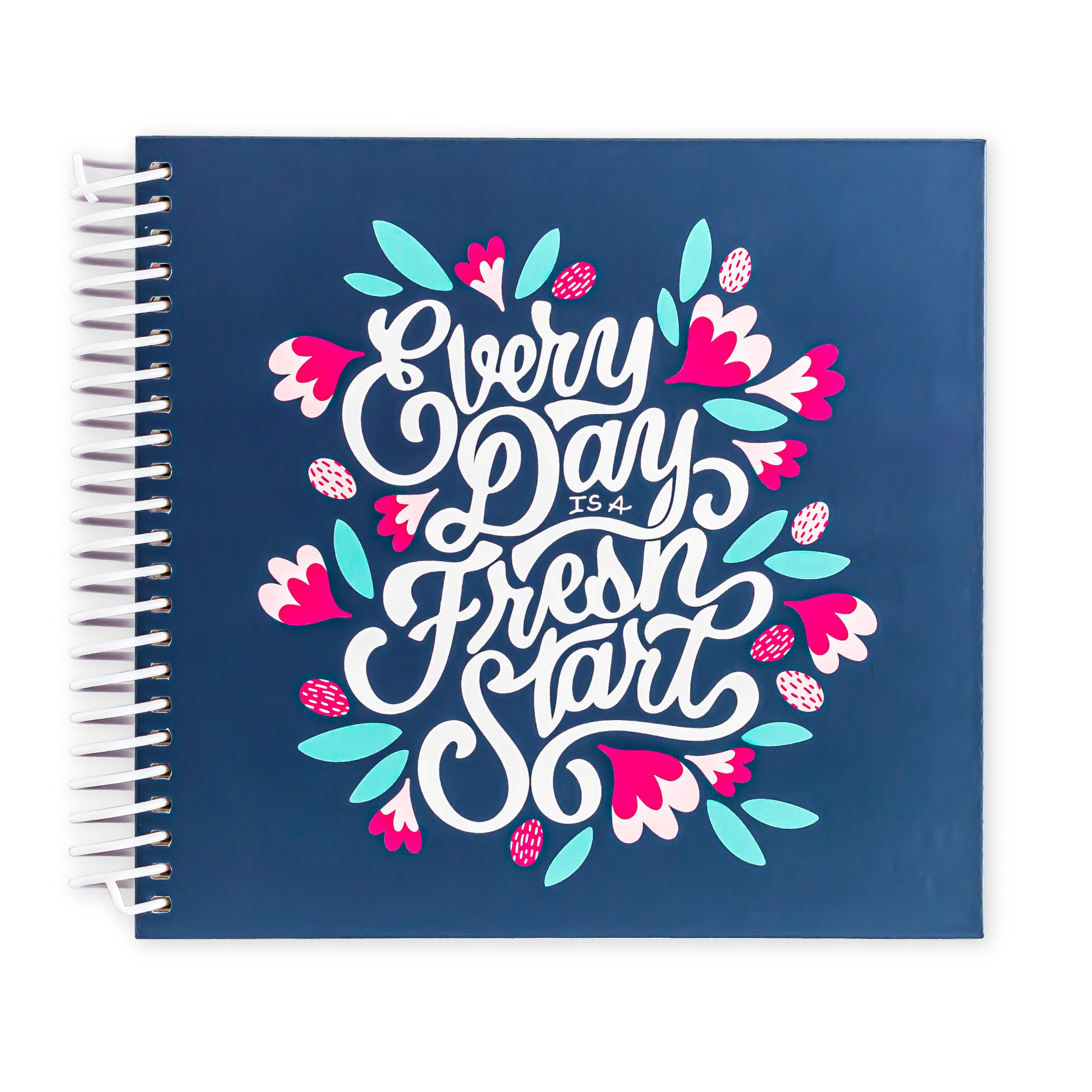 Navy planner with 'Every Day is a Fresh Start' design on a white background