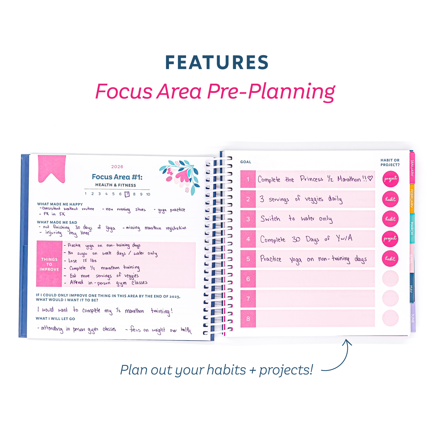 Planner with focus area pre-planning pages on a white background