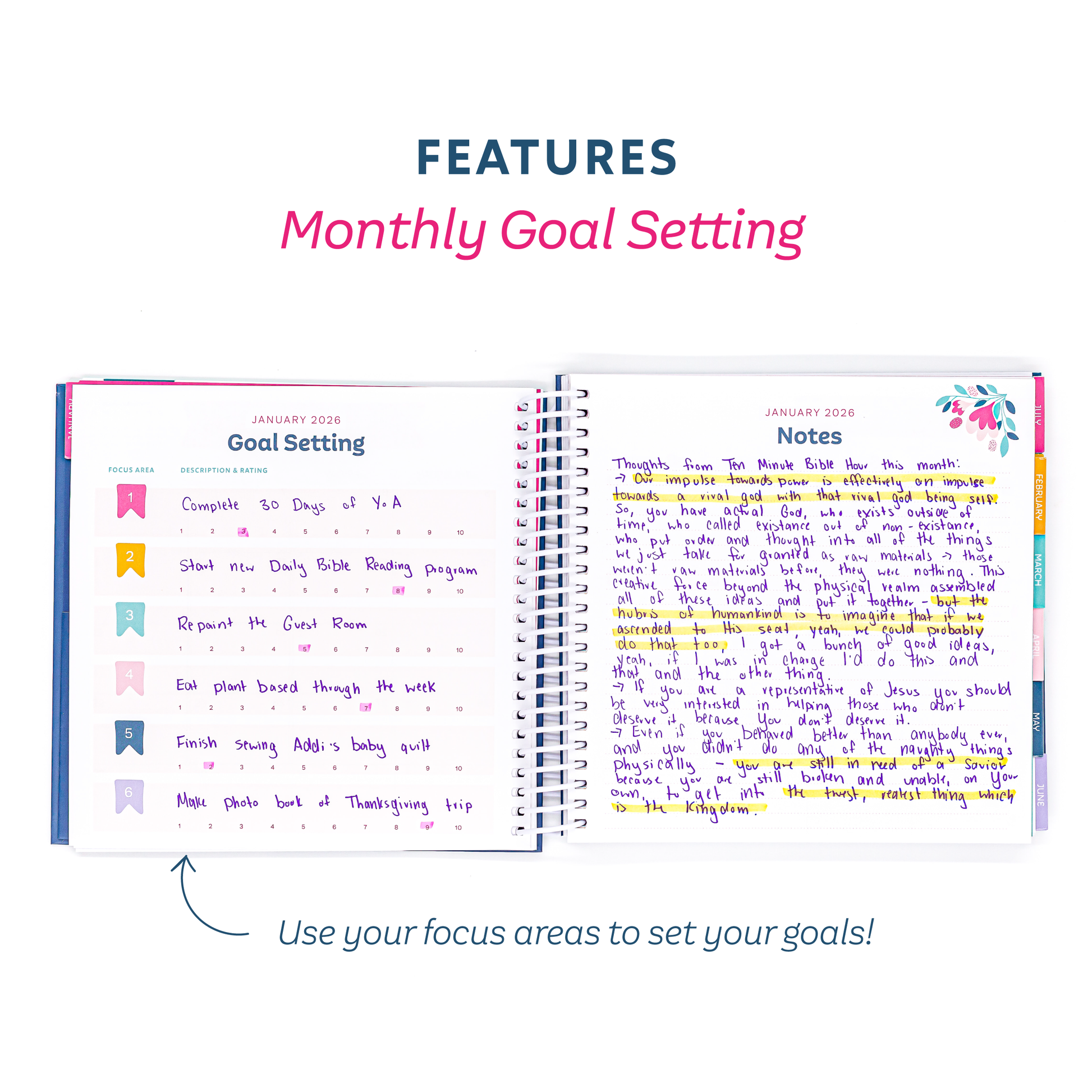 Monthly goal setting pages with colorful notes on a white background