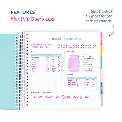 Monthly overview page with financial tracking features on a white background