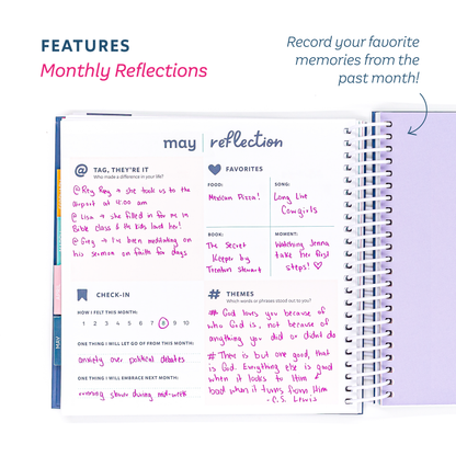 Monthly reflection page in a planner with handwritten notes and text.