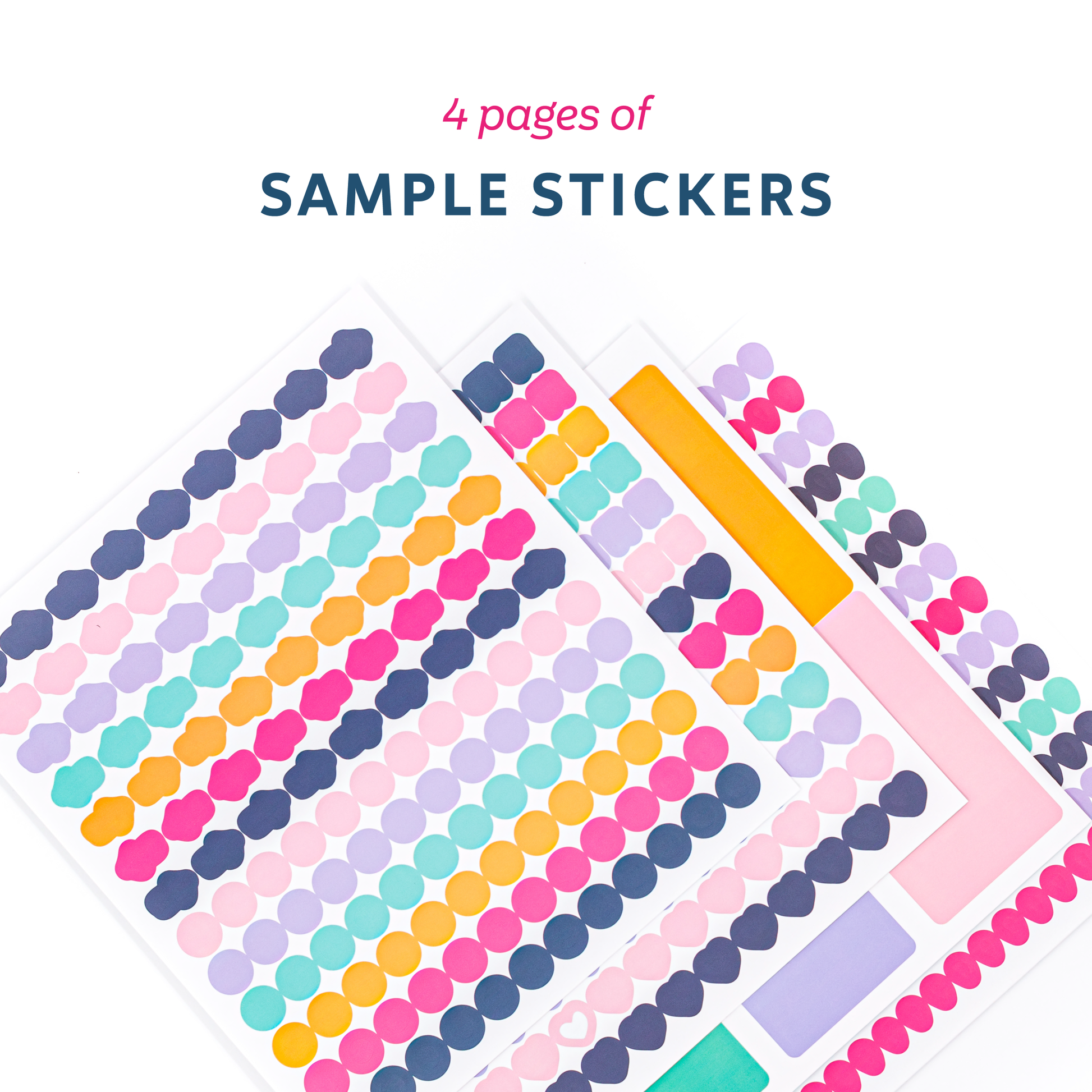 Set of colorful sample stickers on a white background with text indicating '4 pages of sample stickers'.