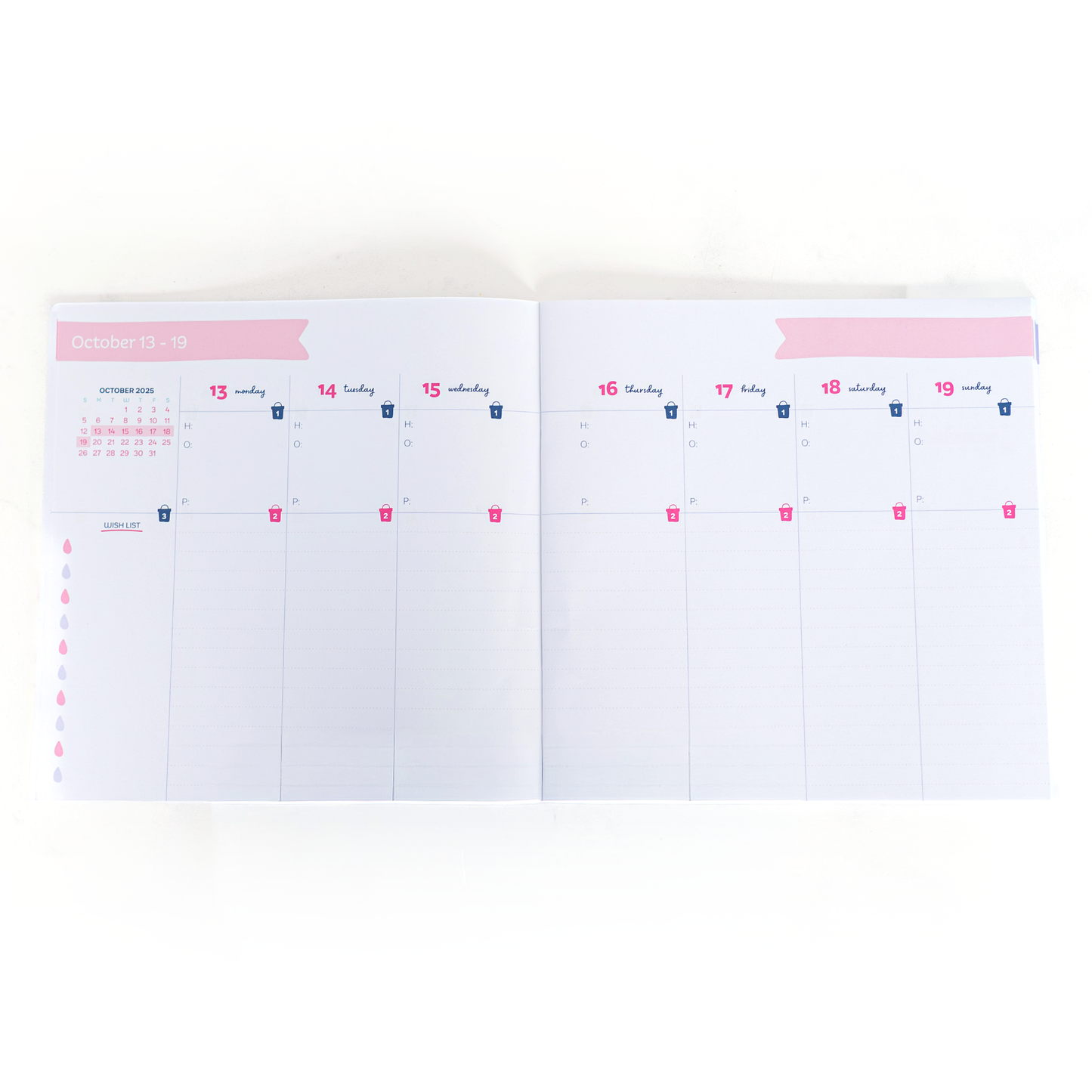 Two pages of the planner booklet showing a month's schedule on a white background