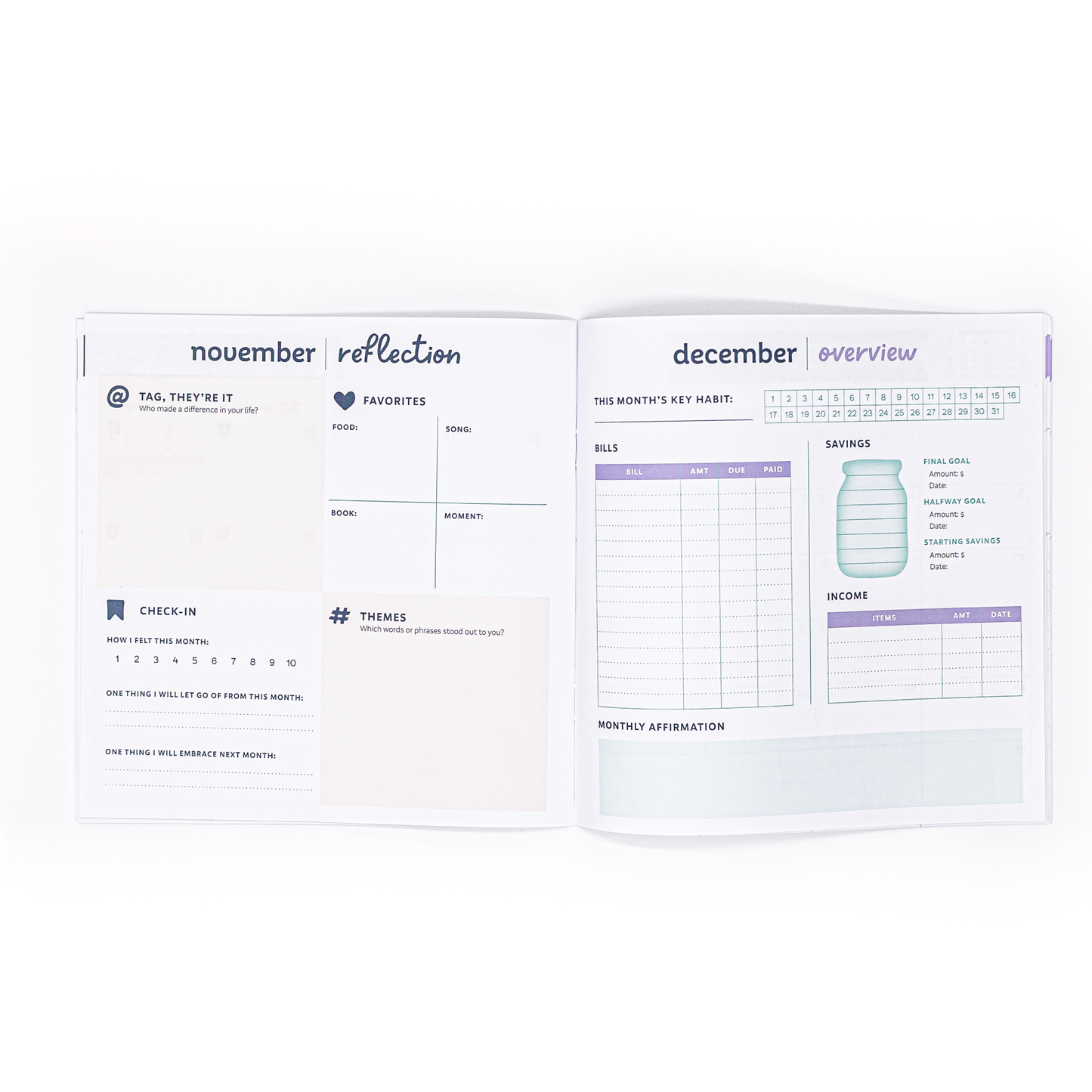 Open planner booklet showing pages for November reflection and December overview on a white background