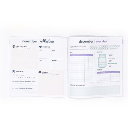 Open planner booklet showing pages for November reflection and December overview on a white background
