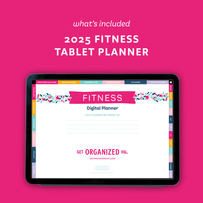 2025 Fitness Tablet Planner on a tablet with a pink background