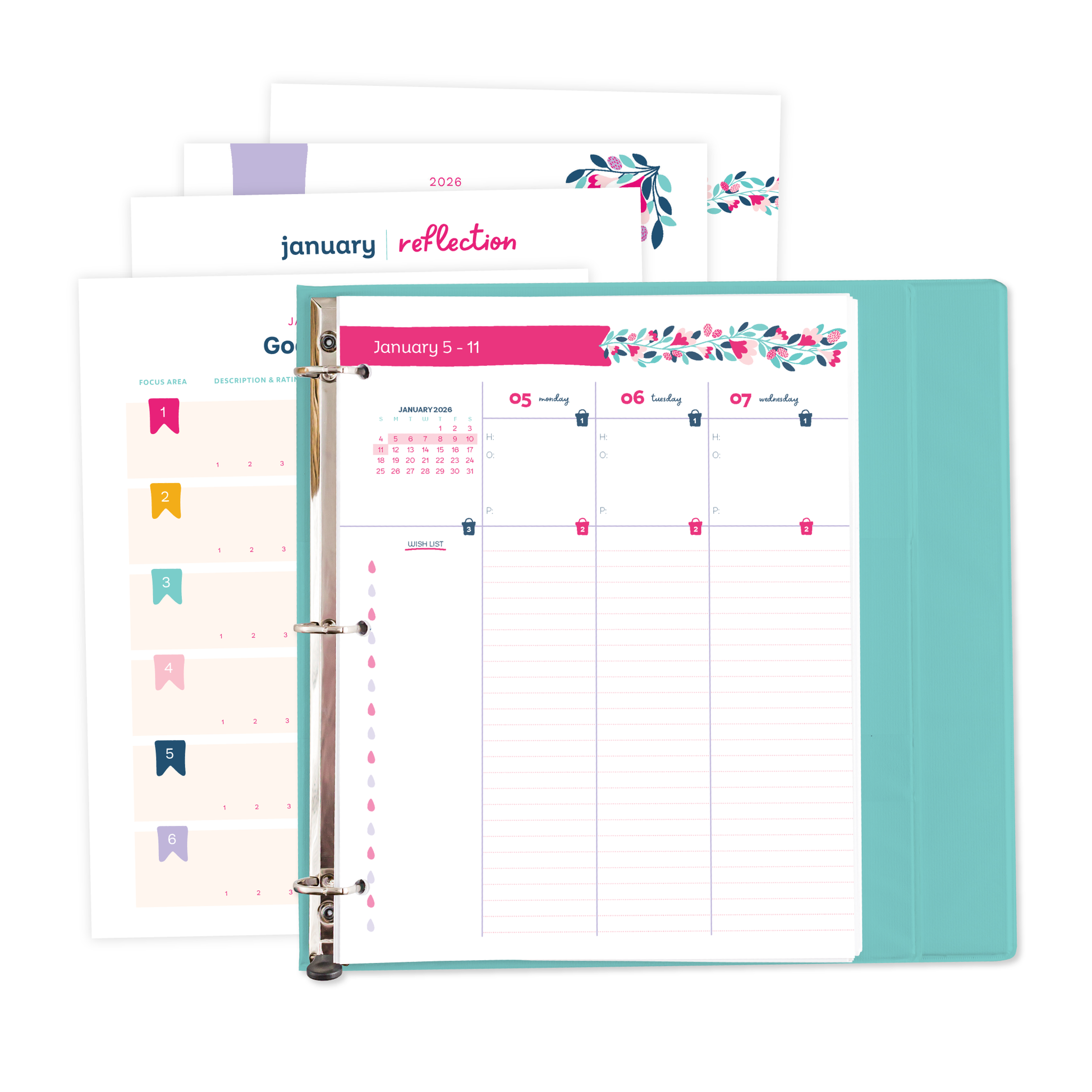 Printable planner in a teal binder on a white background