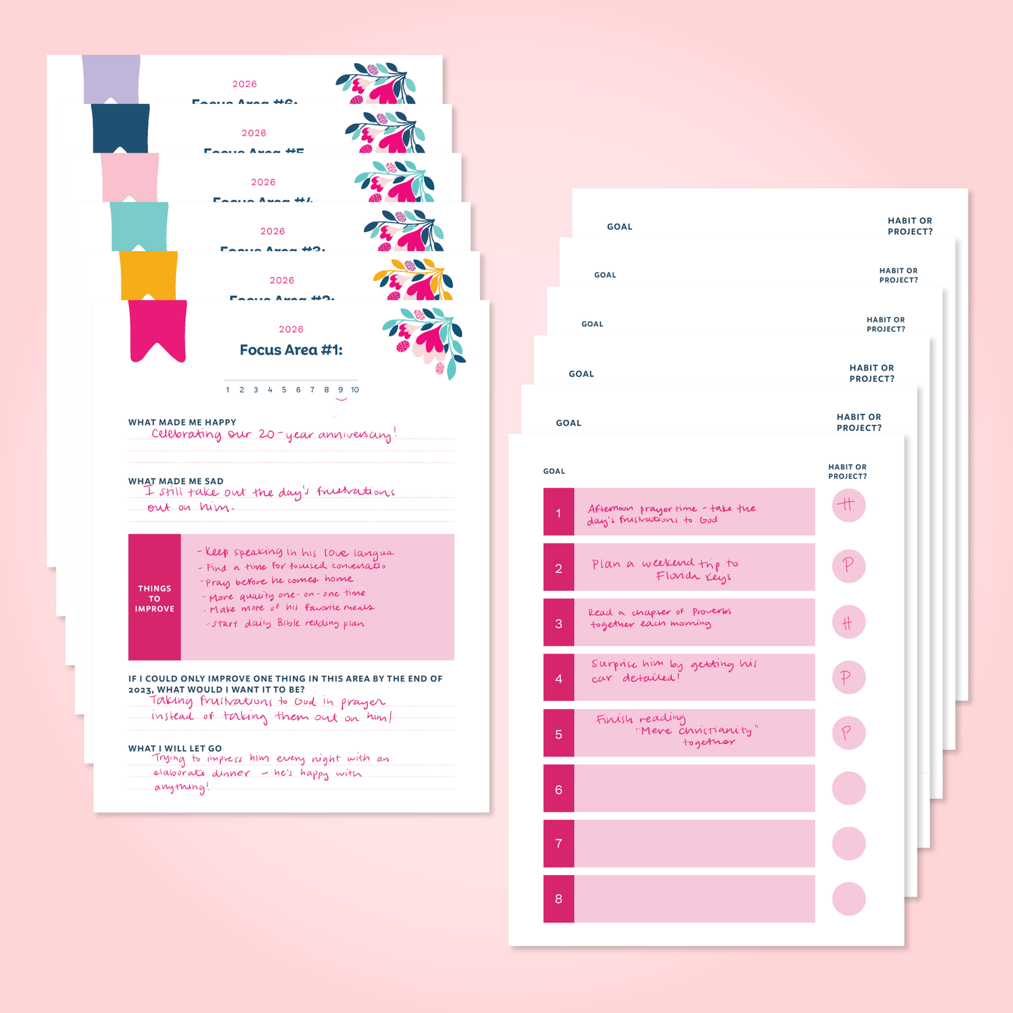 Set of focus area planning sheets with colorful design on a pink background